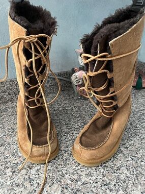 UGG Women's Tall Lace-Up Suede Boots in Brown with Dark Shearling